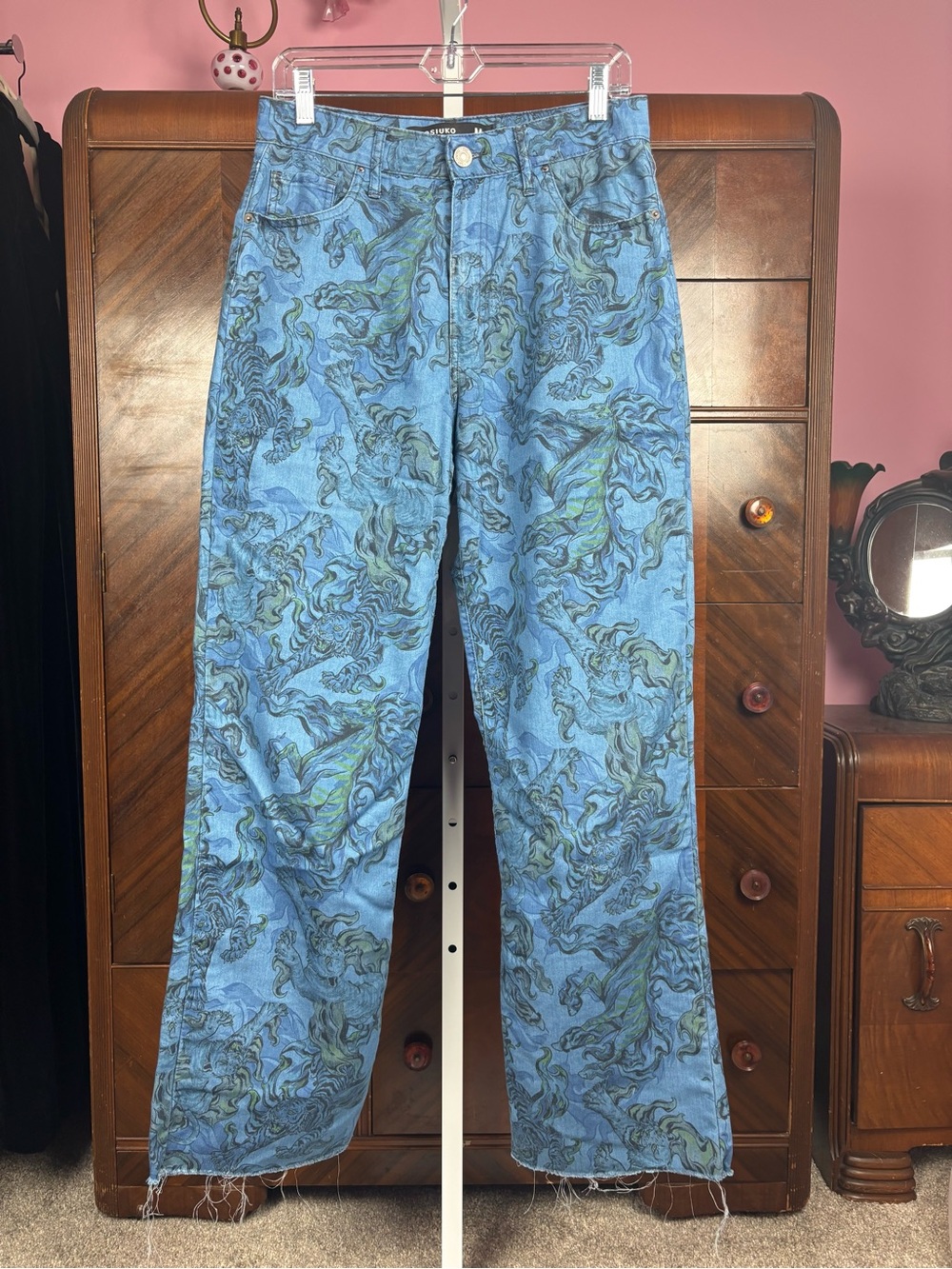 Kosiuko Women's Blue Tiger Flame Print Denim Jeans Pants Size M / 30